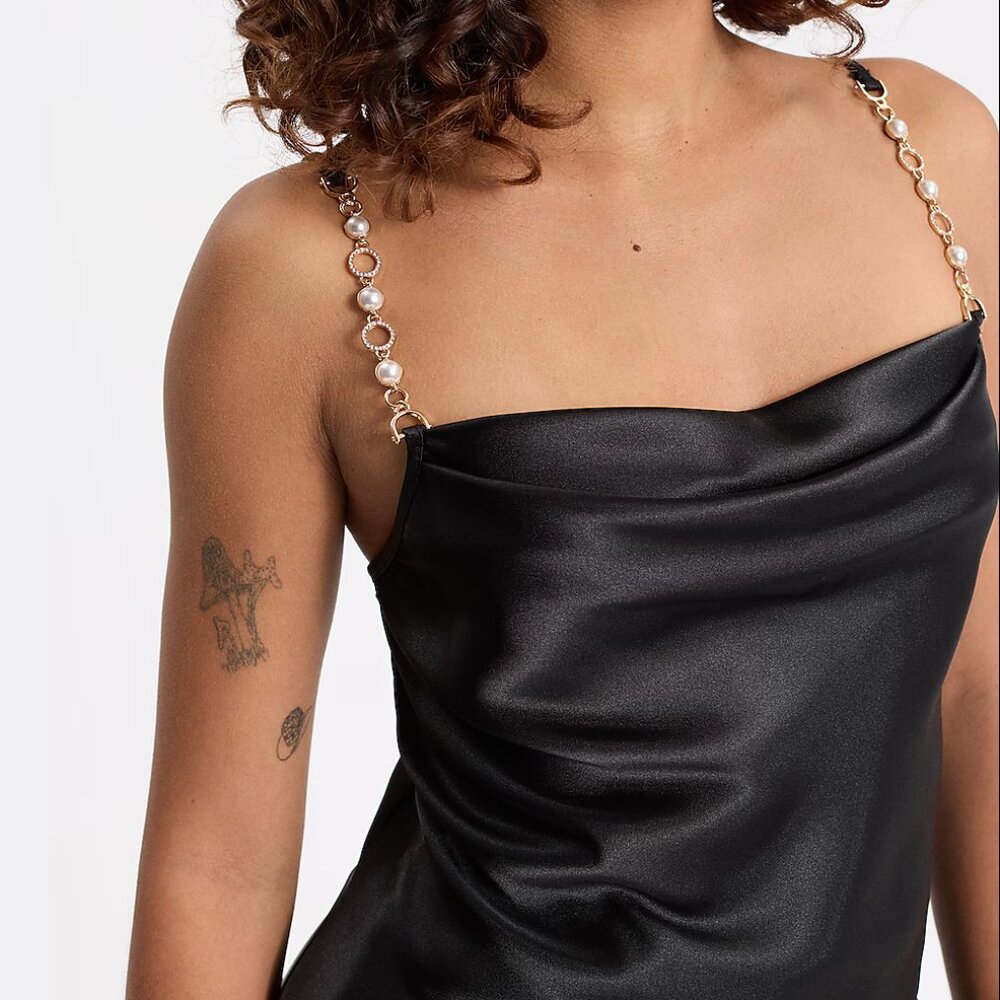 NEW EXPRESS Women Satin Black Cowl Neck Crystal Pearl Strap Dress Cami Tank Top